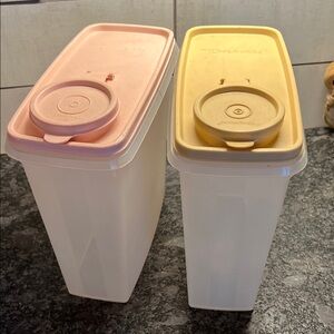 Vintage Cereal Keeper Store N Pour Tupperware Pink and Tan Cereal Containers